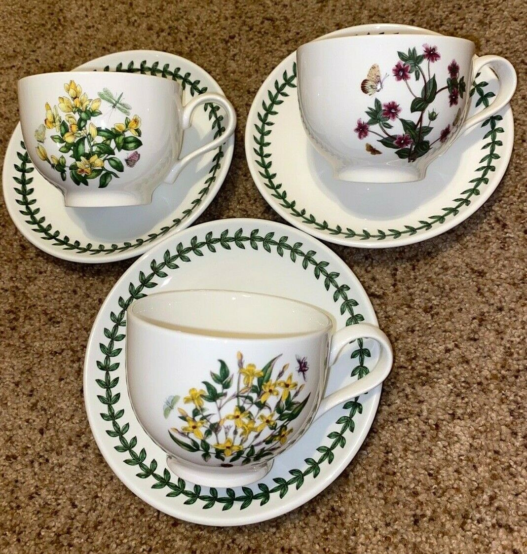 Set Of 3 Portmeirion Botanic Garden Tea Cups & Saucers