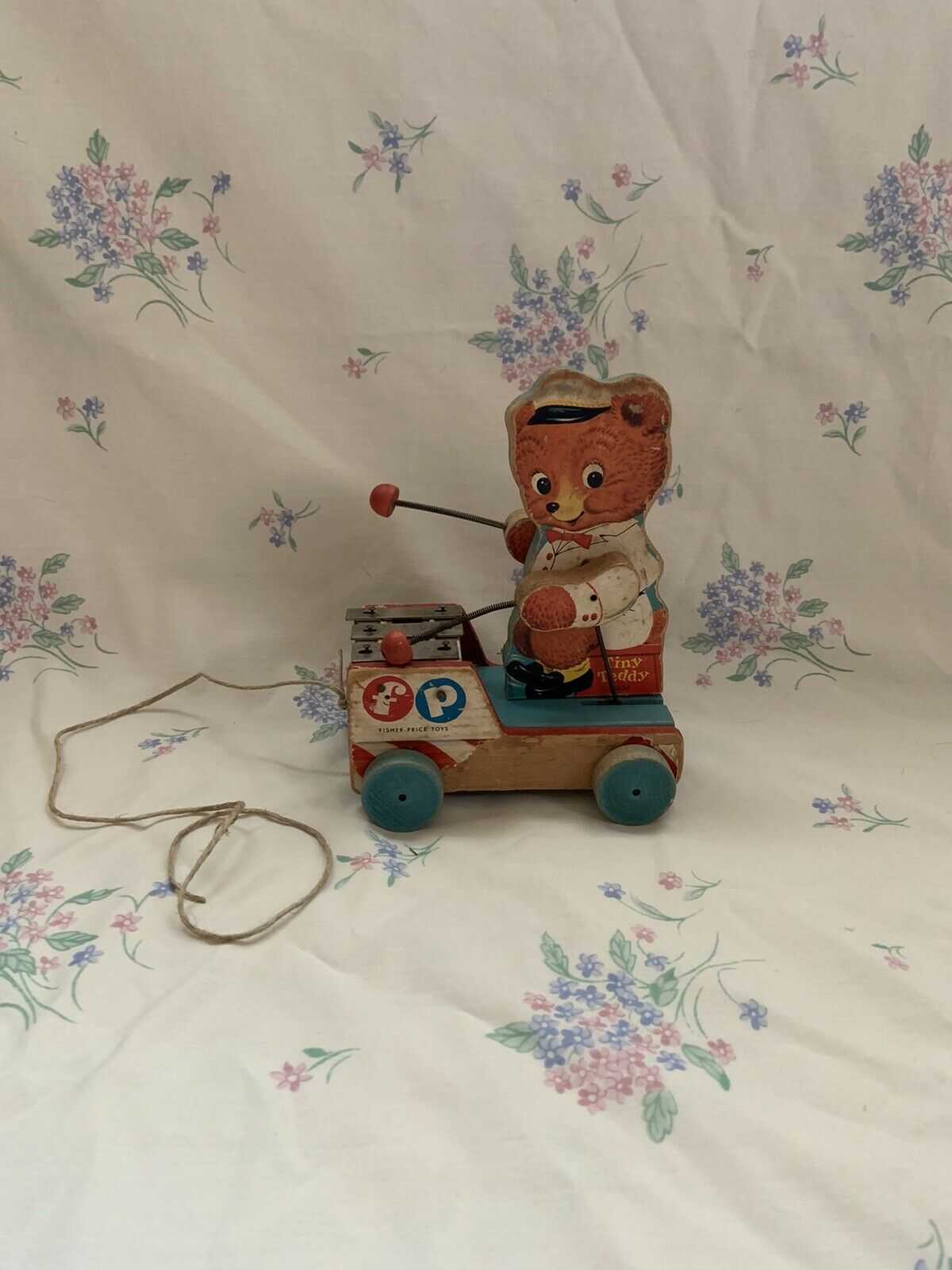 Fisher Price Wood Pull Toy Tiny Teddy Bear #636 Xylophone Vintage 1958