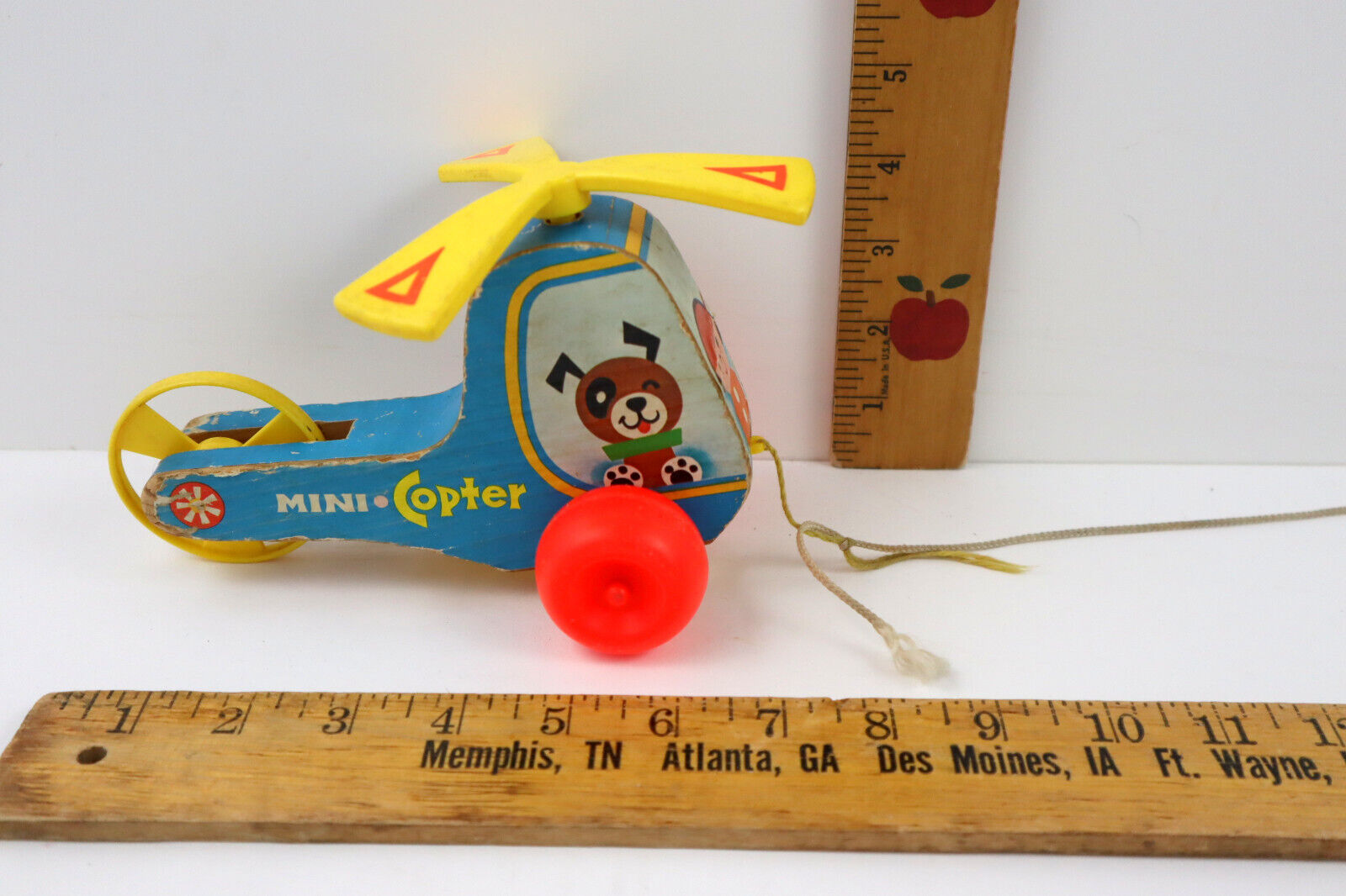 Vintage Mini-copter Whirlybird Fisher Price #448 Helicopter Wooden Pull Toy 1970