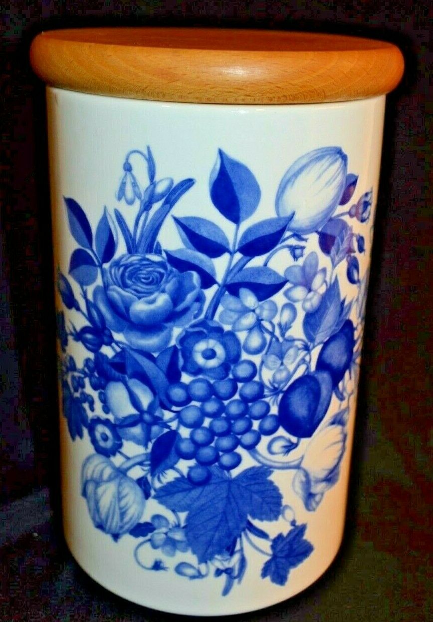 Portmeirion  Canister Harvest Blue  8.5"  Airtight Jar W/ Wood Lid