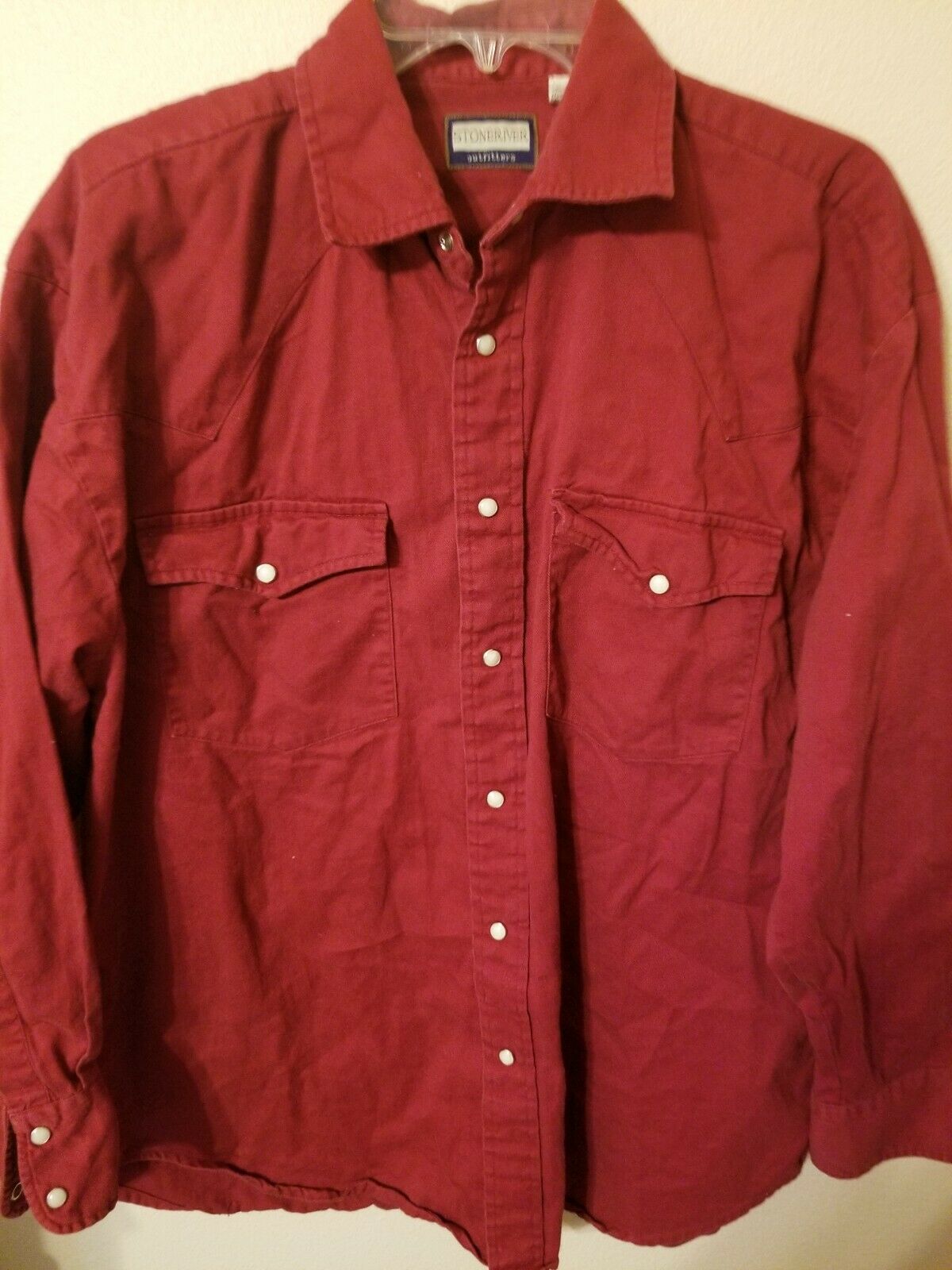 Stoneriver Mens Size L Western Shirt Red Snap Up 2 Pockets 31 L  26 Across Front
