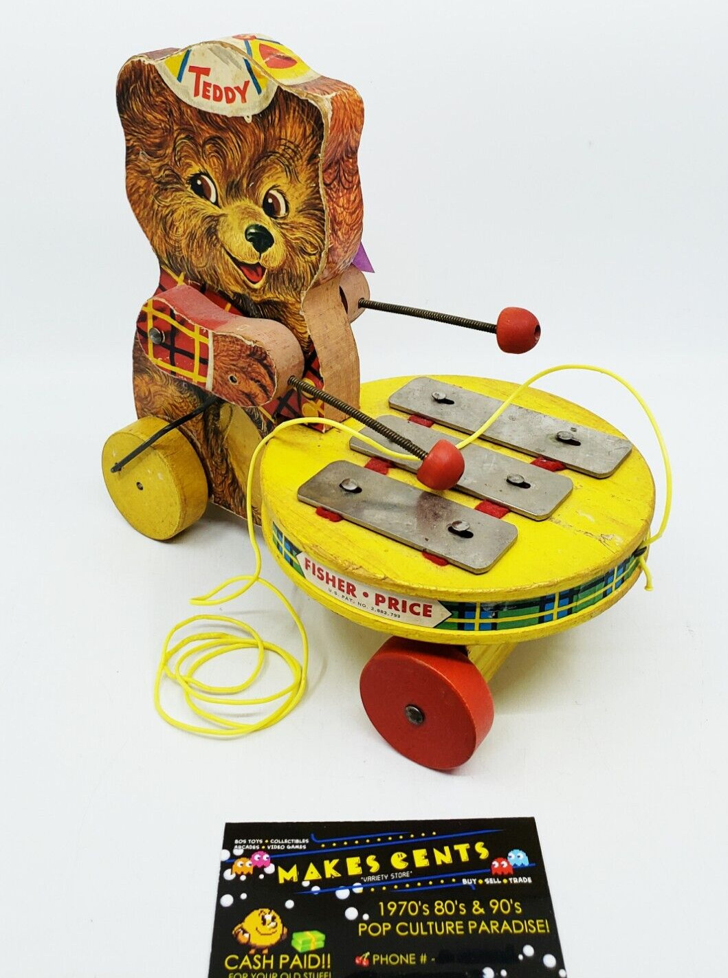 1964 Vintage Fisher Price Teddy Zilo wood Pull Toy Xylophone Toy Plaid Shirt